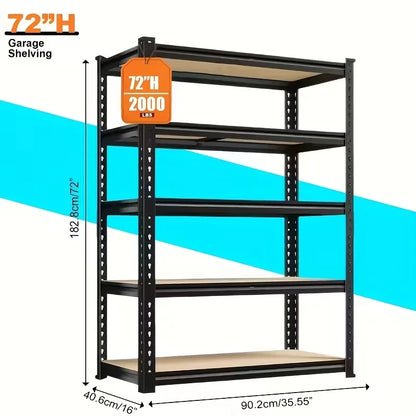 5-Tier Heavy Duty Shelving Unit 2000LBS Capacity - 72"W x 36"D x 16"H Industrial Storage Rack, Matte Black Garage Shelves