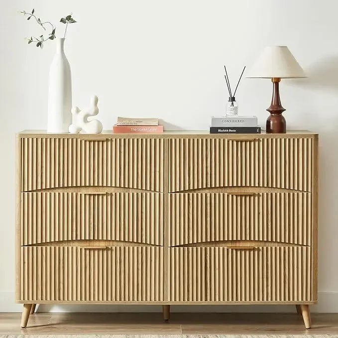 6 Drawer Dresser, 55" Wide Light Wood Curved Dresser,for Bedroom, Mid Century Modern Chest of Drawers