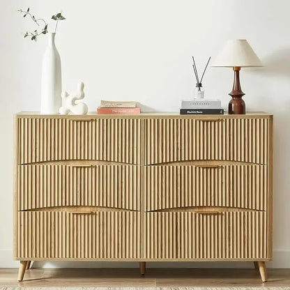 6 Drawer Dresser, 55" Wide Light Wood Curved Dresser,for Bedroom, Mid Century Modern Chest of Drawers
