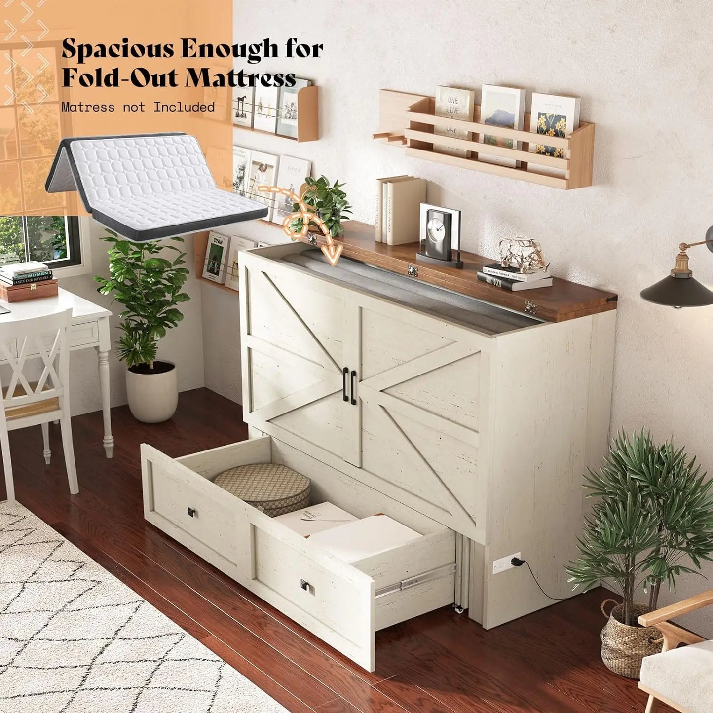 Queen Murphy Bed with Storage & Charging Station, Farmhouse Murphy Cabinet with Foldable Panel, Noisy Free, for, Customized