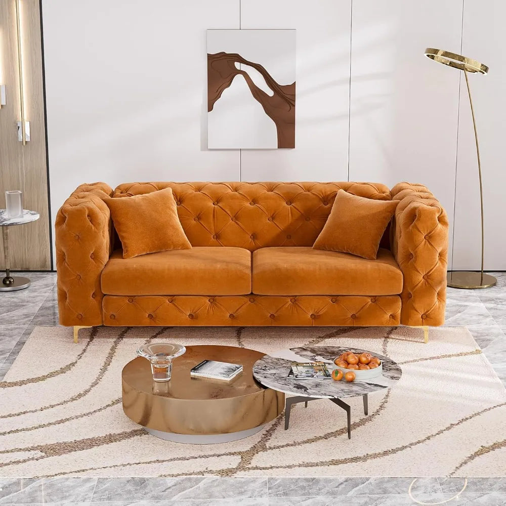 75" Sofa Couch Mid Century Modern Velvet Couch Tufted Button Sofa High Armrest & Metal Gold Legs Luxury Chesterfield Decor with