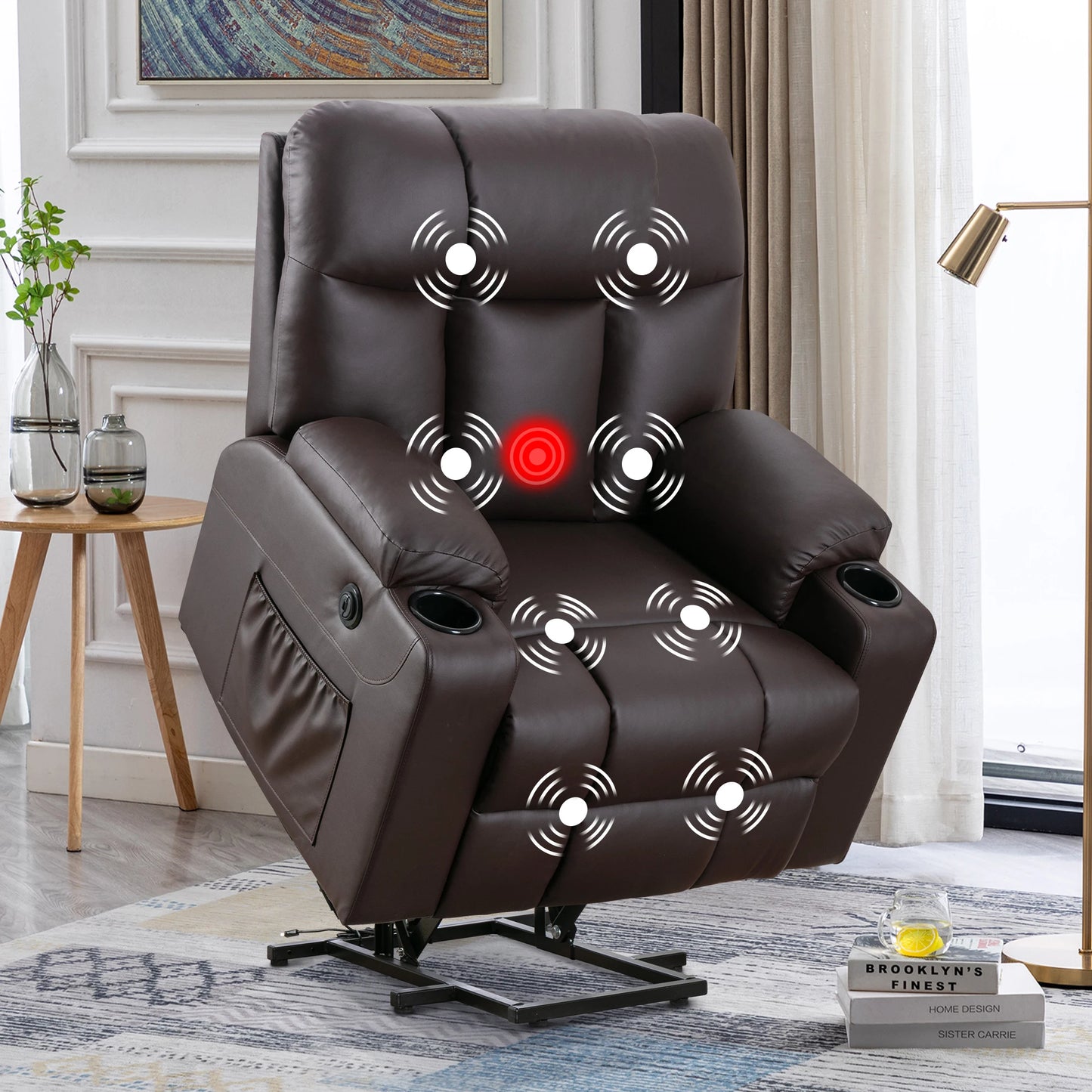 EBELLO 26" Extra Wide Lift Chair with Heat and Massage, Faux Leather Power Lift Recliner Massage Chair with 2 Cup Holders