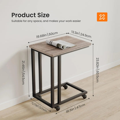 JHK Wood Sofa Table Overbed Bedside Desk Portable Rolling with Wheels Metal Frame Adjustable Feet  for Living Room Bedroom