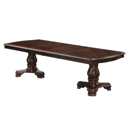 Rectangular Dining Table with 18" Extendable Leaf, Side Chairs, and Armchairs in Rich Dark Brown Finish, Faux Leather