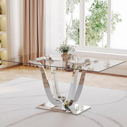 Glass Dining Table for 6 People, 62.8" Modern Kitchen Dining Room Table with Rectangular Tempered Glass Tabletop and U-Shape Ped