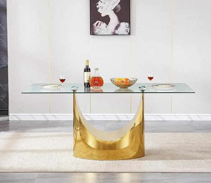 Glass Dining Table for 6 People, 62.8" Modern Kitchen Dining Room Table with Rectangular Tempered Glass Tabletop and U-Shape Ped